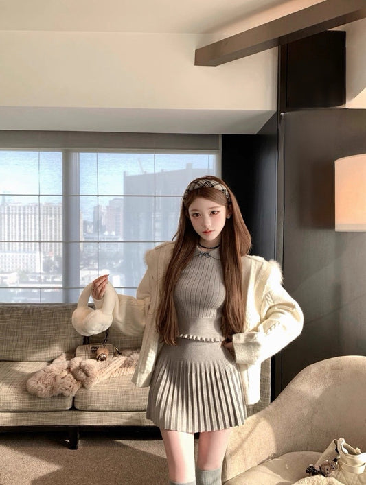 Tue. 彼得潘風信蝴蝶娃娃領針織半身裙套裝 灰