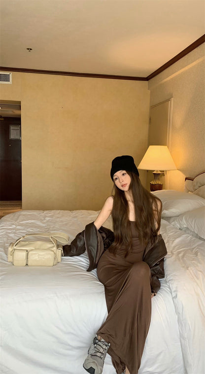 Mon. 細肩透視感連身長裙/短版皮外套 2色