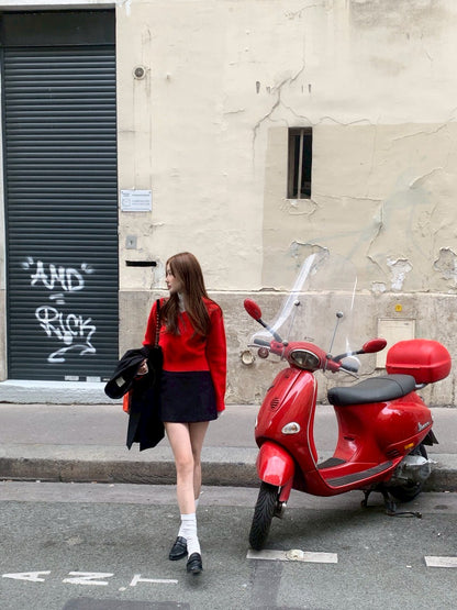 Fri. 賽爾畔冬日毛衣泡泡袖短款上衣 紅