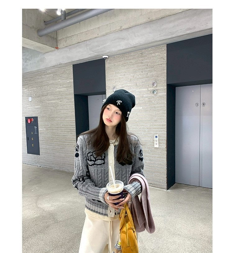 Thu. 淡味牛津chic熱巴同款玫瑰刺繡針織開衫 灰