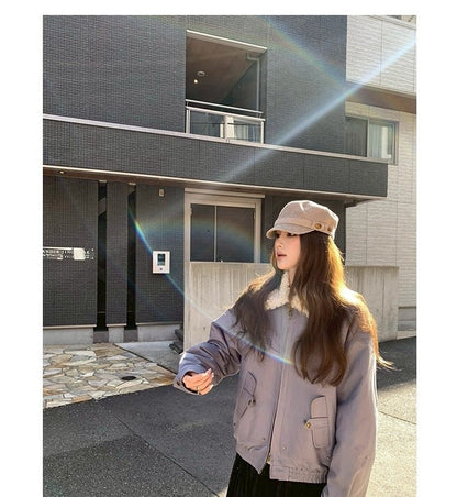 Thu. 橡子街巴恩風拼接毛領工裝外套 紫/米白