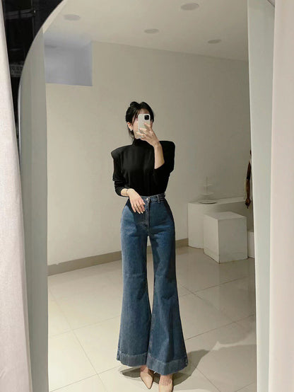 Mon. 韓chic百搭磨毛墊肩高領上衣 黑