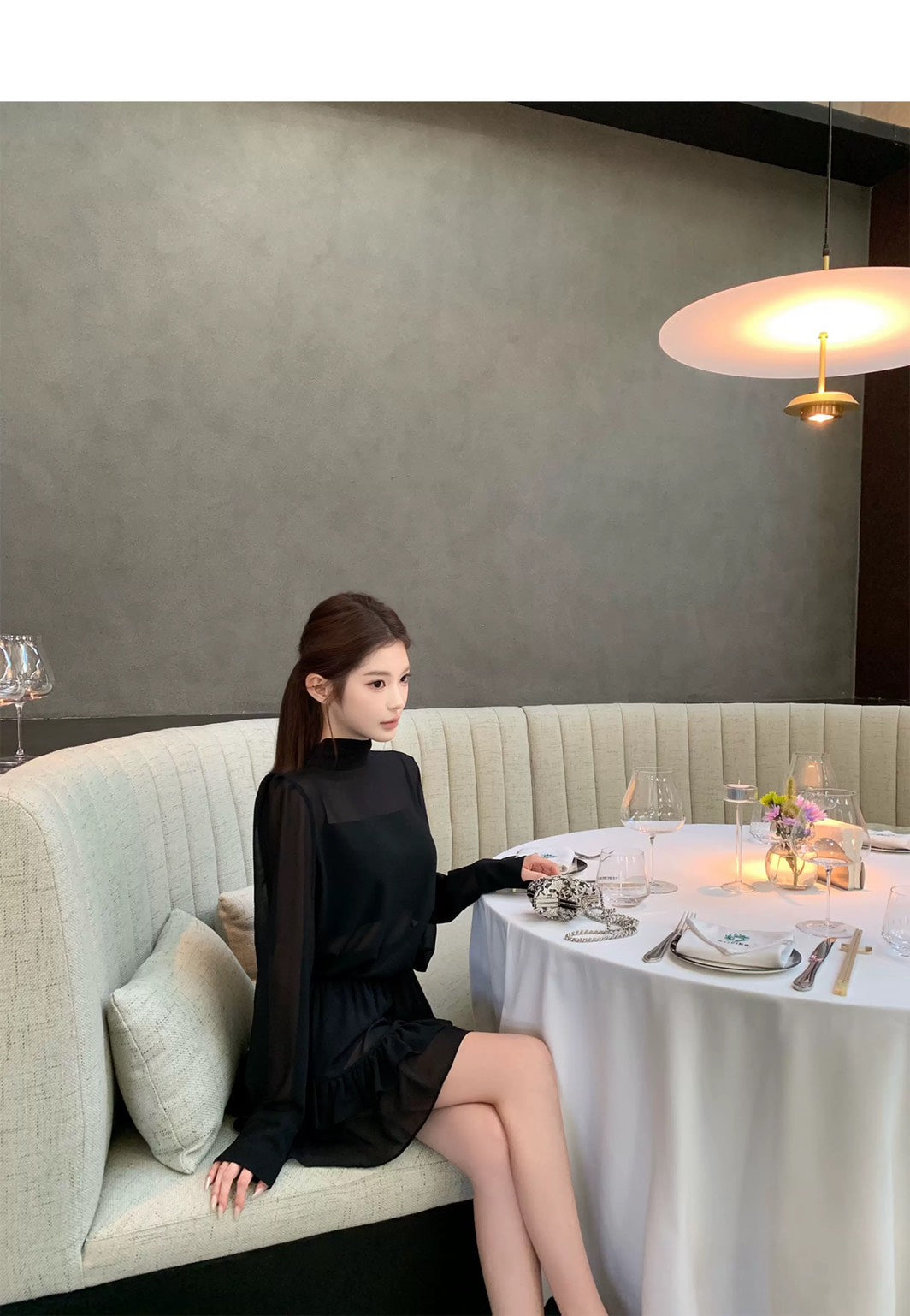 Thu. 屋頂Y*L Rose風長袖雪紡上衣2件組 荷葉半身裙 黑