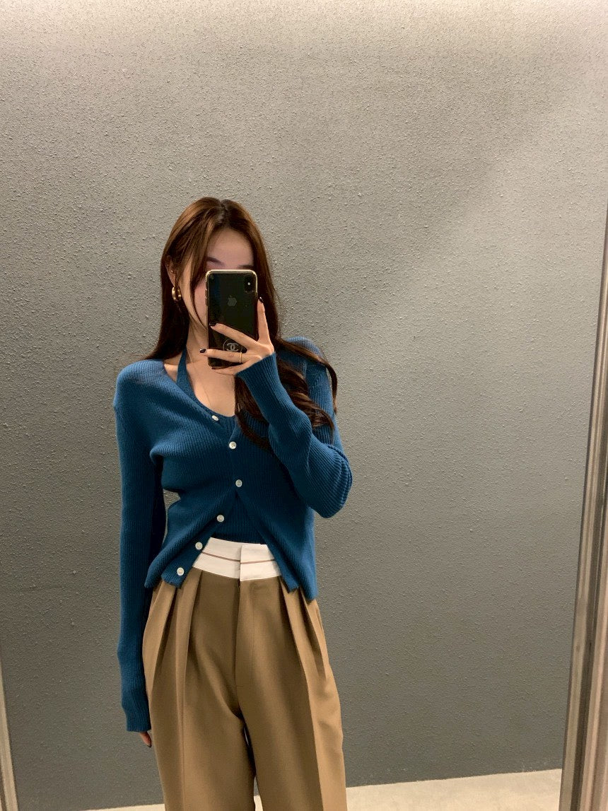 Fri. 慵懶chic針織V領挖背2件套 藍