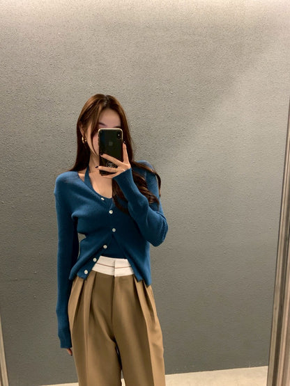 Fri. 慵懶chic針織V領挖背2件套 藍