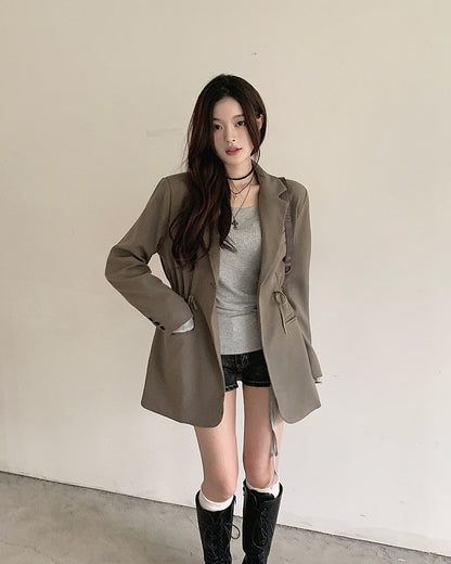 Fri. 休閒抽繩可調腰身西裝外套 卡其/黑