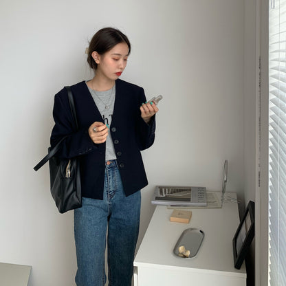 Mon. v領短版鈕釦西裝外套 深藍