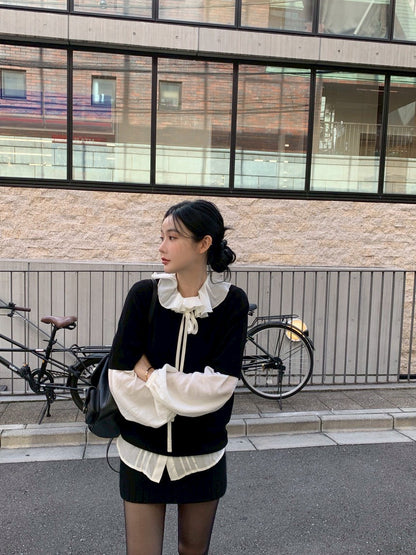 Mon. 夢幻娃娃撞色疊搭娃娃領白襯衫/黑毛衣