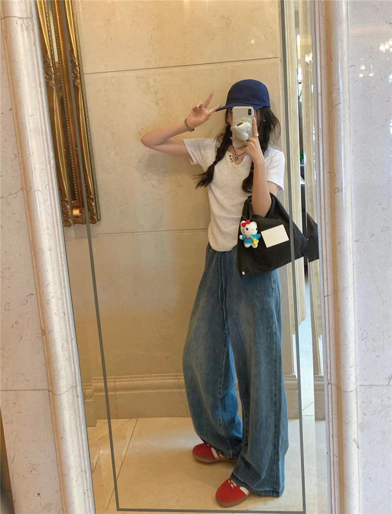 Thu. 牛仔繩綁帶鬆緊牛仔拖地長褲