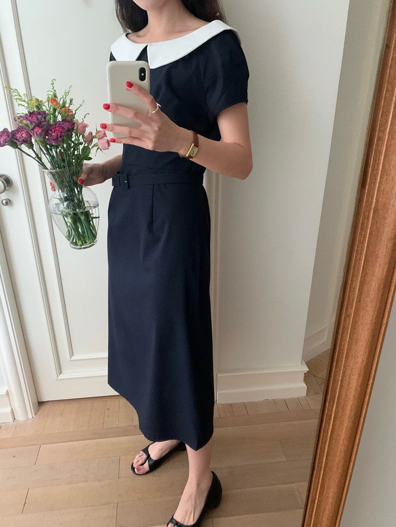 Mon. 優雅珍妮一字撞色領收腰連身裙