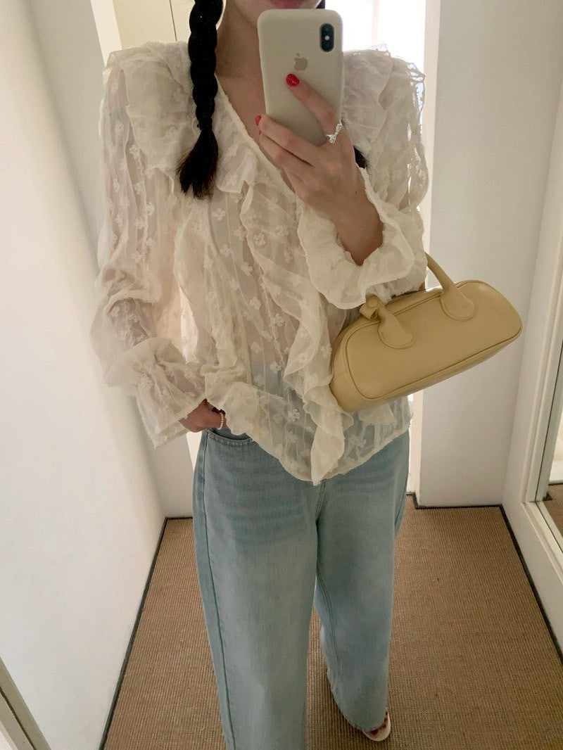Mon. 氣質慵懶鄰家木耳邊襯衫（透視感）