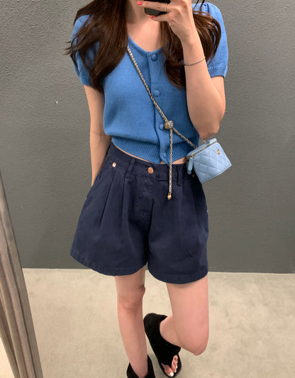 Tue. 泡泡袖針織圓領上衣 藍