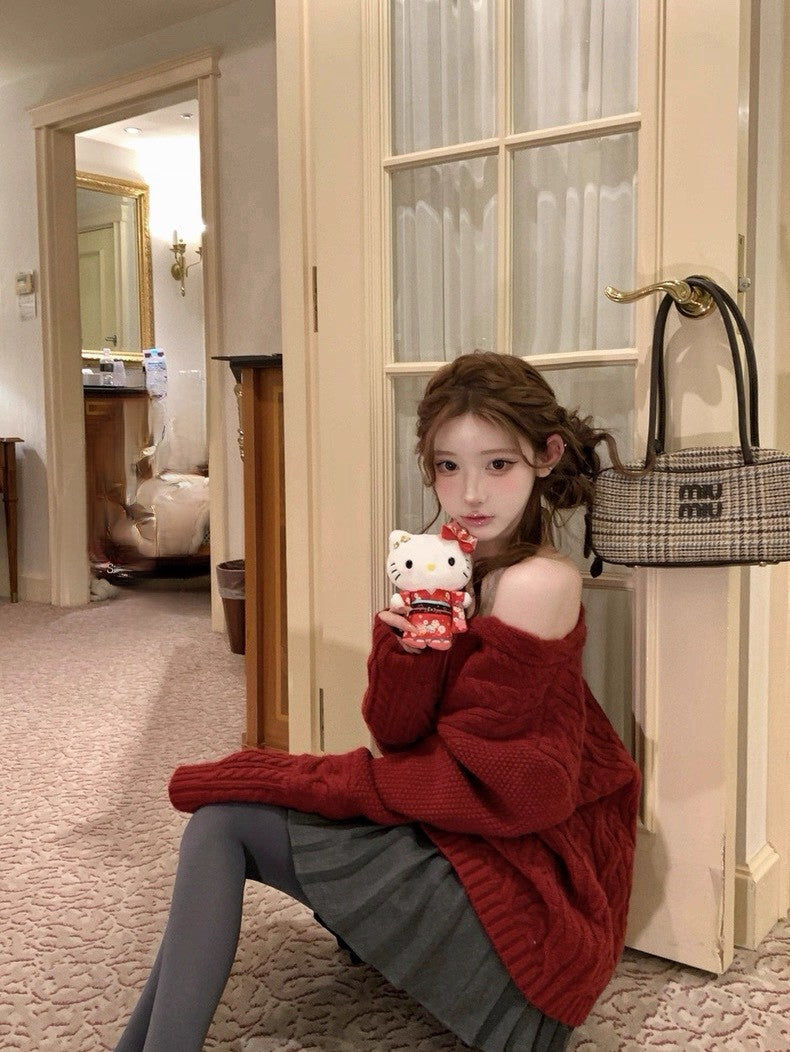 Tue. 歐尼香氣氣質V領百搭紅色麻花上衣 灰色百褶裙