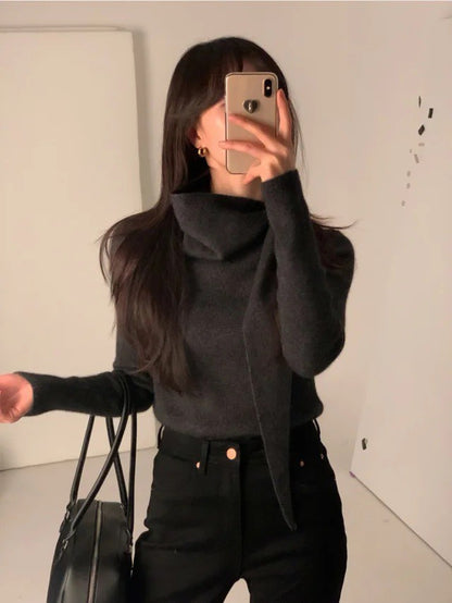 Mon. 氣質疊穿圍巾領百搭針織衫 米白/深灰