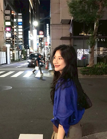 Mon. 寶石藍萾麻棉寬鬆慵懶襯衫