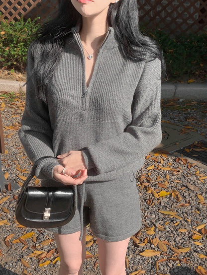 Fri. 慵懶立領針織短褲套裝 灰/米
