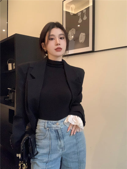 Wed. 法式高領花葉袖打底上衣 黑