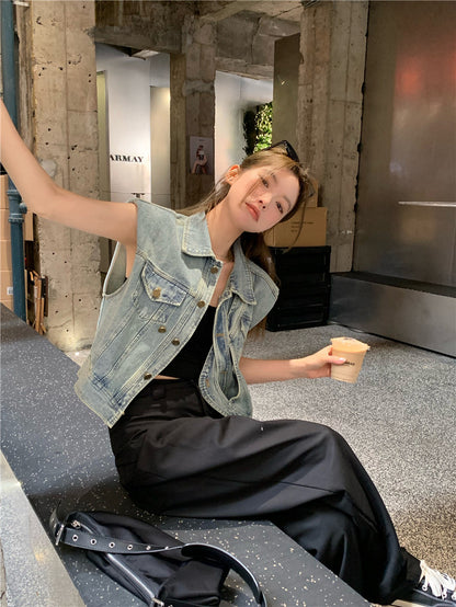 Thu. 不對稱單扣繞繩無袖牛仔外套