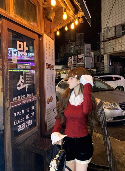 Tue. 松間煙花 學院假兩件式撞色襯衫上衣 櫻桃紅/燕麥藍