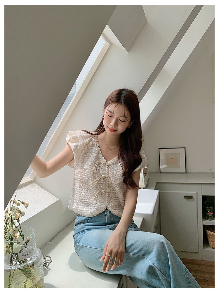 Tue. 旗袍扣結 亮片編織上衣