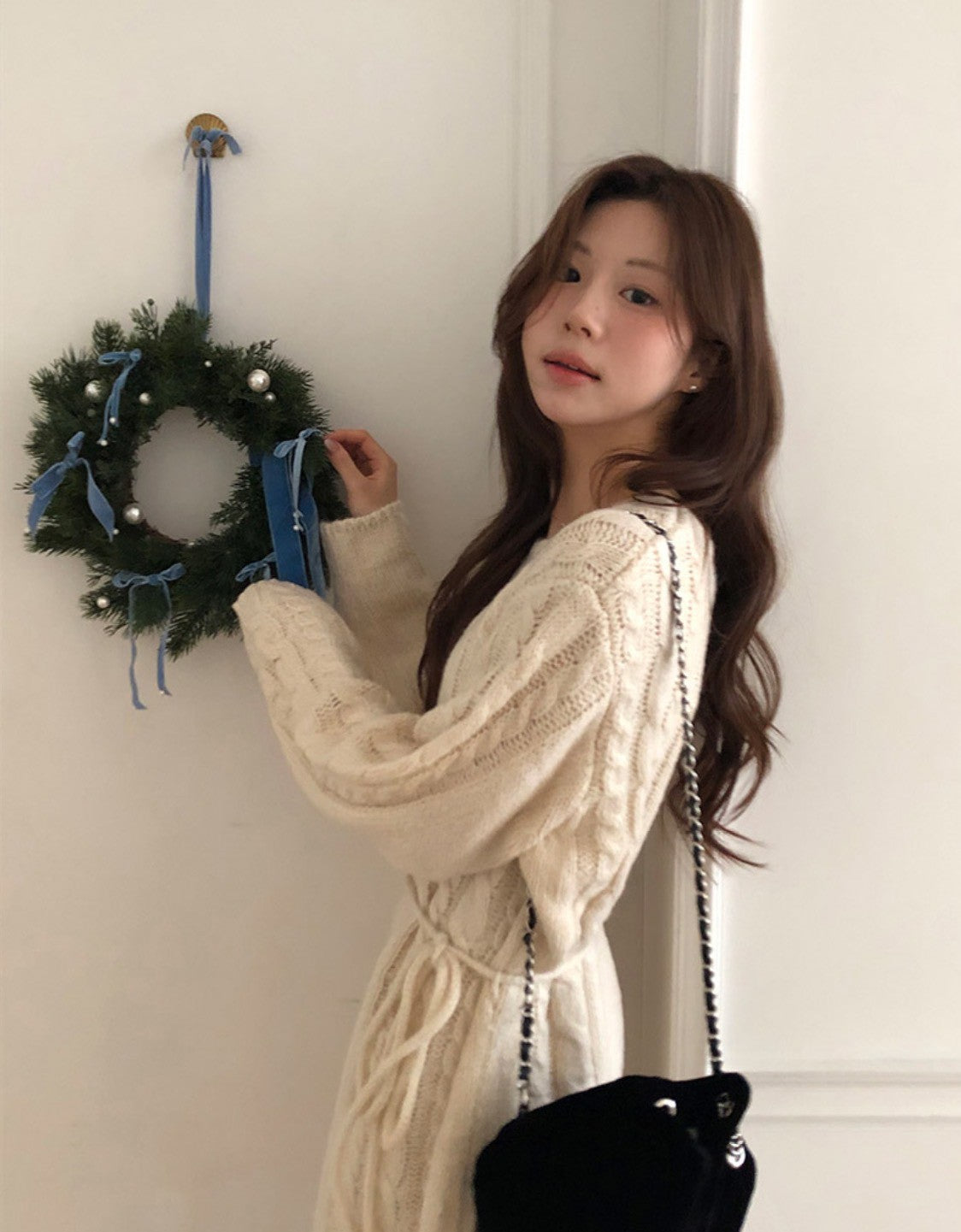 Mon. 鄰家女孩圓領麻花針織長款上衣 米/灰