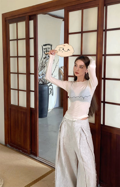 Wed. 線條塗鴉花邊打底衣 休閒褲 米色/黑