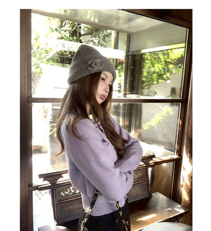 Thu. 海灣花園 混紡羊毛百搭針織開衫 紫/灰米