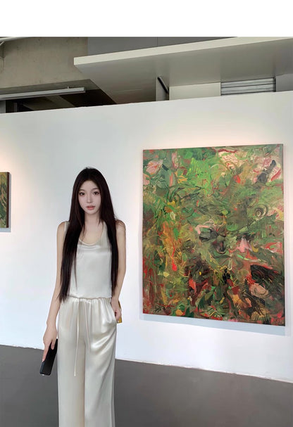 Mon. 嬌生慣養老錢簡約醋酸U領背心休閒褲套裝 香檳色