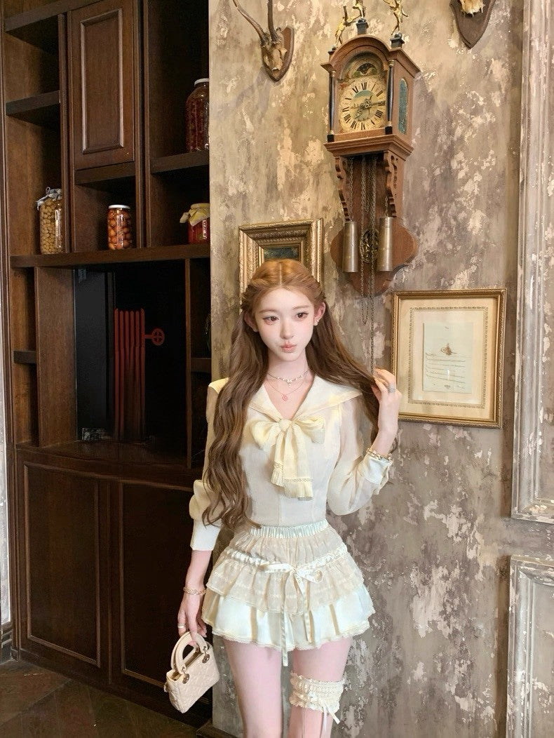 Tue. 卡其圓舞曲手打蝴蝶結翻領襯衫 可愛蛋糕褲裙