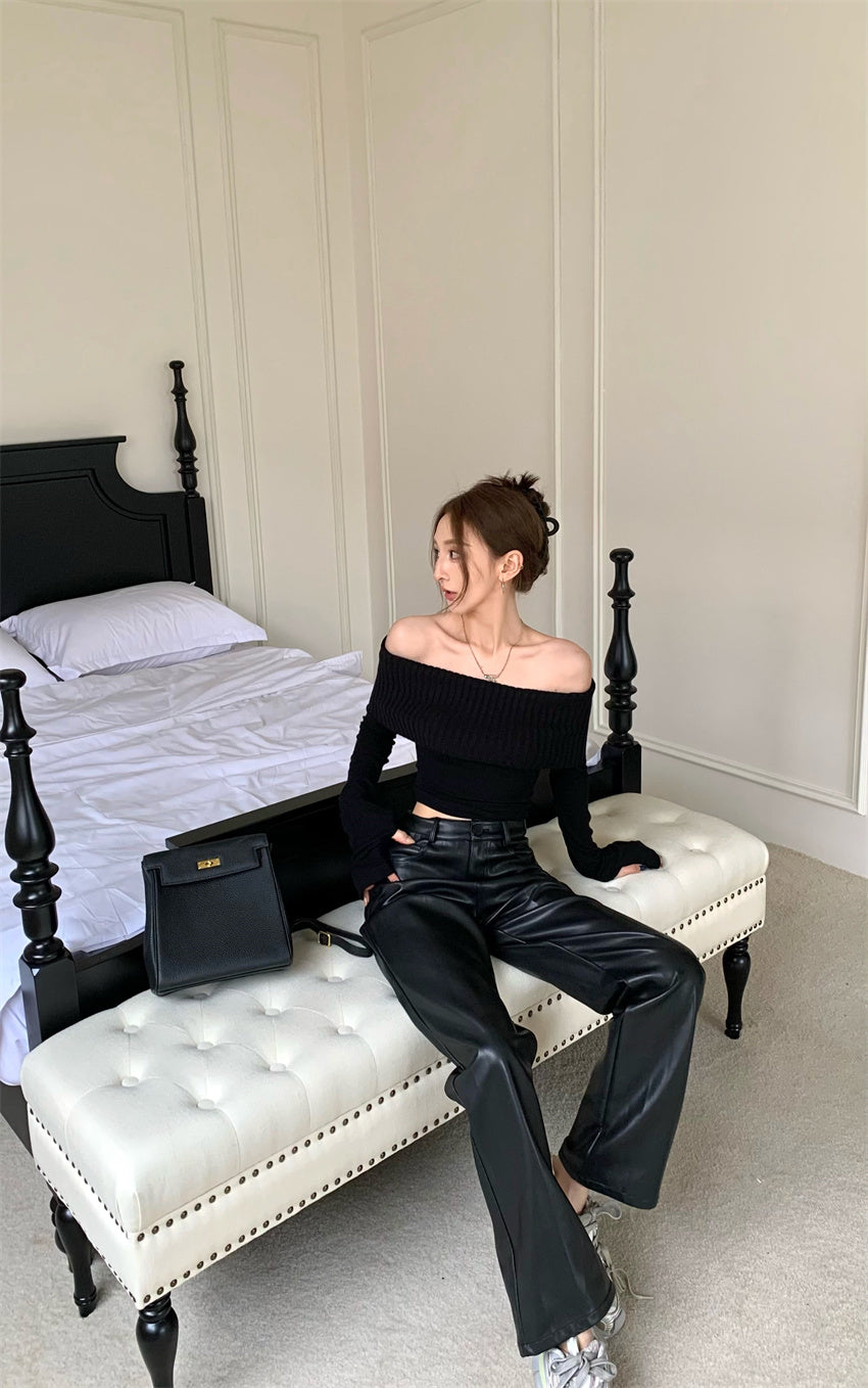 Wed. 氣質一字領針織上衣 黑