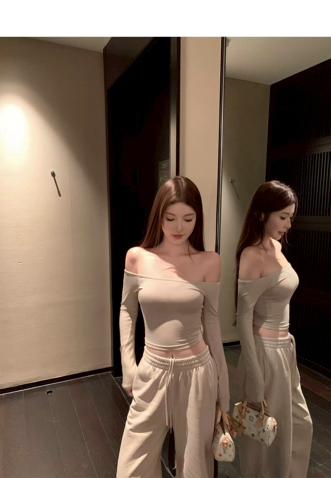 Tue. 韓女一字領顯瘦長袖上衣 鬆緊休閒褲 杏