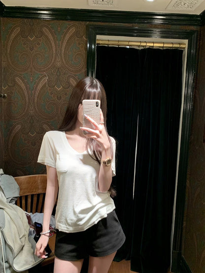 Mon. 會呼吸的上衣 麻棉V領口袋寬鬆上衣 白