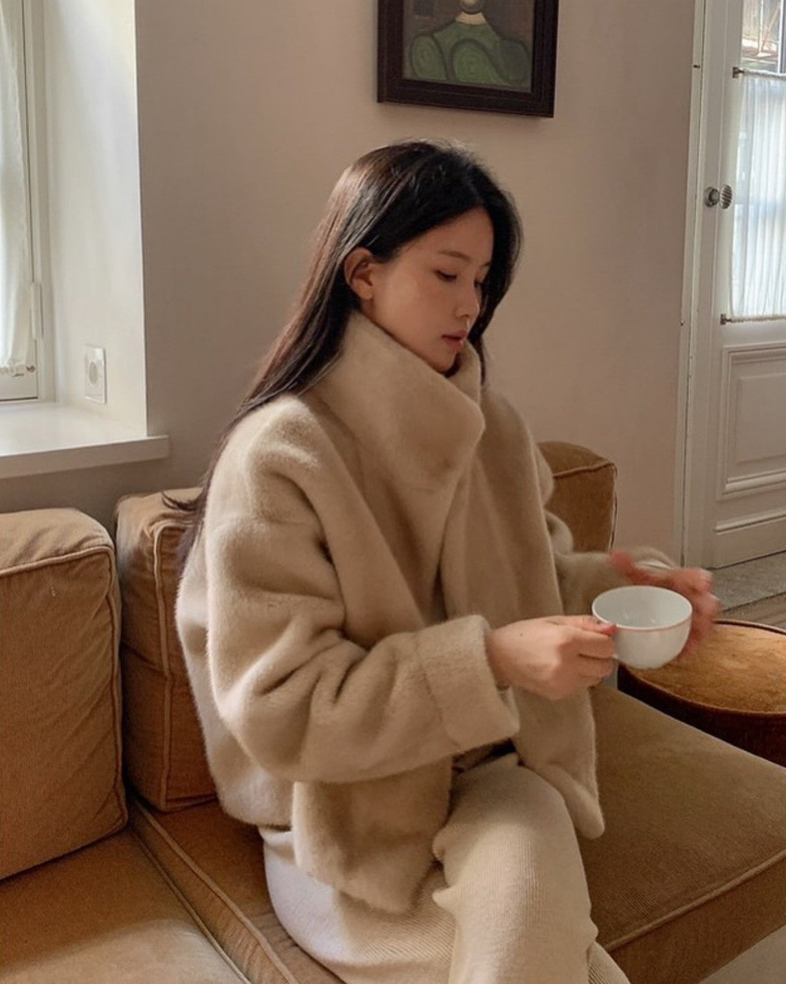 Mon. 毛絨輕奢百搭仿兔絨外套 杏/黑