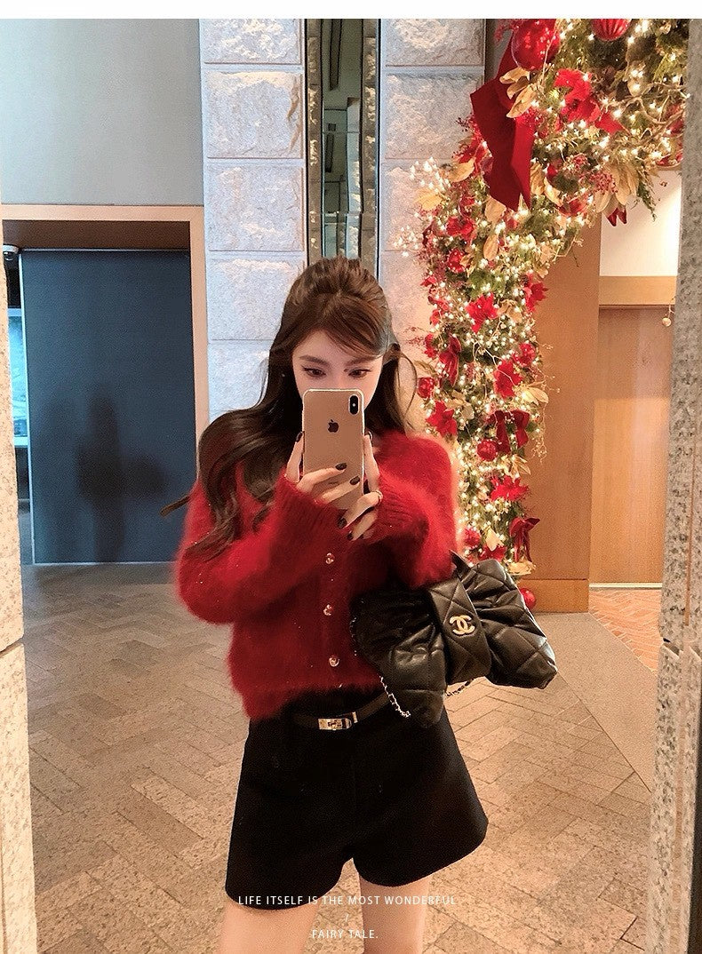 Tue. Wink絨感鎏金仿兔絨亮紗紅開衫