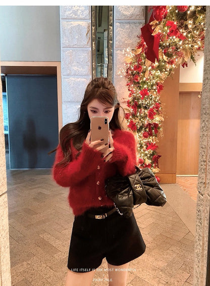 Tue. Wink絨感鎏金仿兔絨亮紗紅開衫