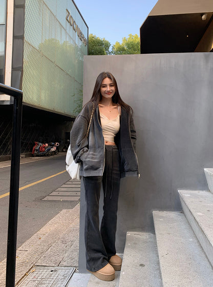 Sat. 休閒水洗灰連帽外套 微喇叭休閒褲