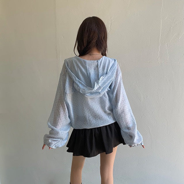 Tue. 日漫少女可愛連帽波點拉鏈外套 藍