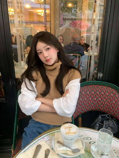 Tue. 韓女氣質高領短袖毛衣 卡棕/炭黑