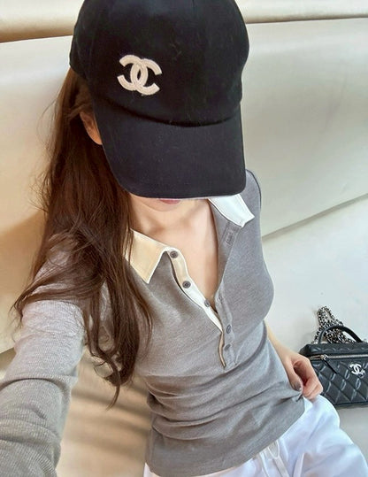 Fri. 智性感撞色polo鈕扣上衣 灰/米