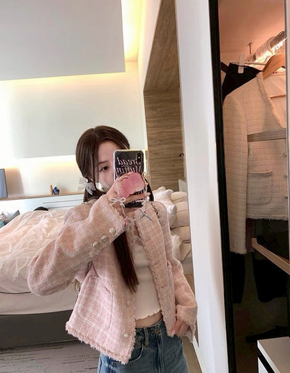 Fri. 少女甜心粉格粗呢小香外套