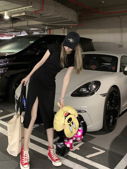 Sun. 休閒抓皺開叉連身T恤 黑