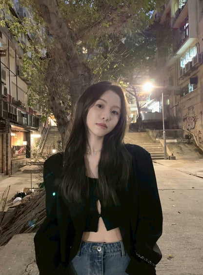 Fri. 女團甜心性感蠻腰排扣上衣 粉/黑/奶綠