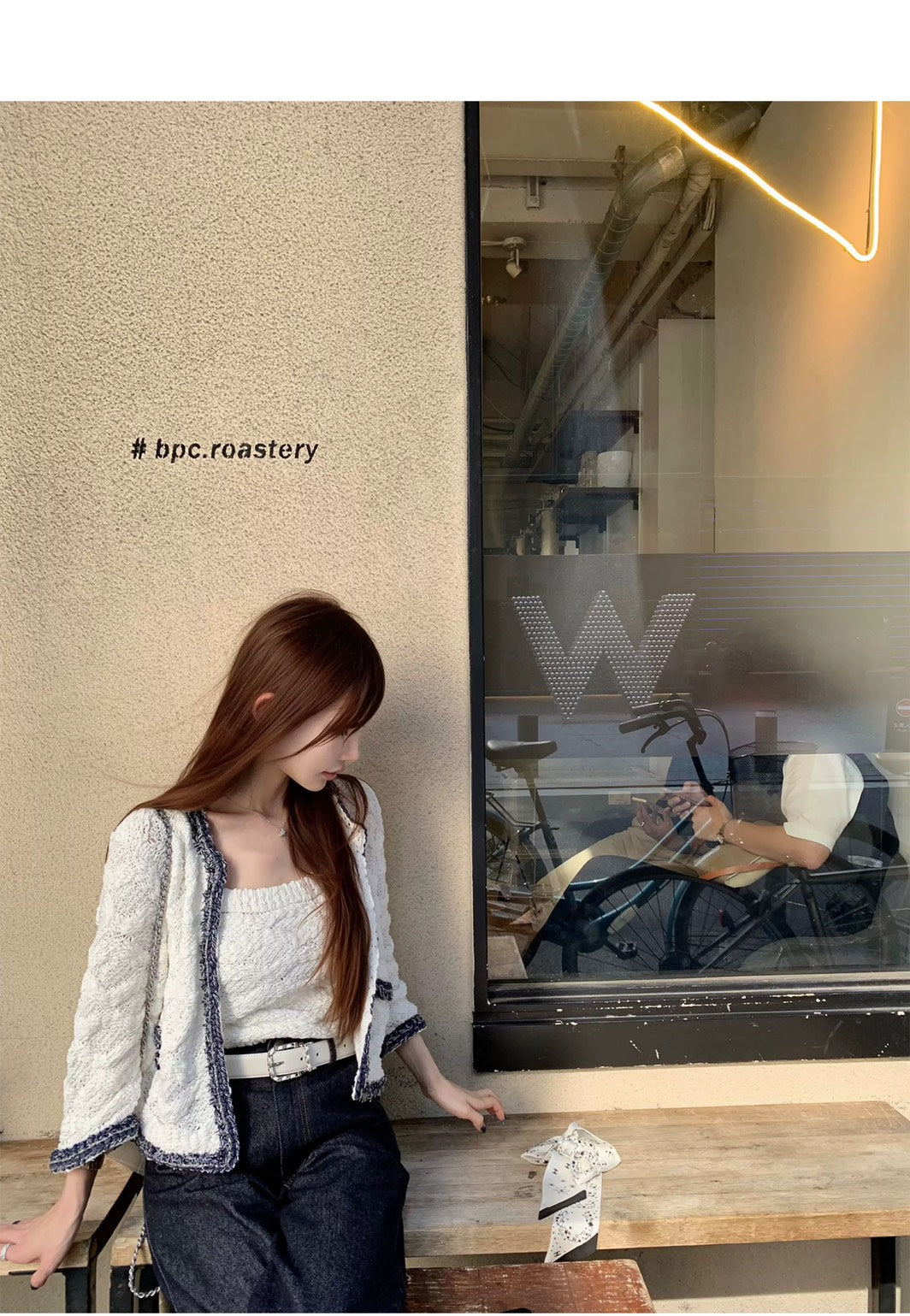 Thu. 小香特種紗牛仔藍撞色針織背心外套2件組