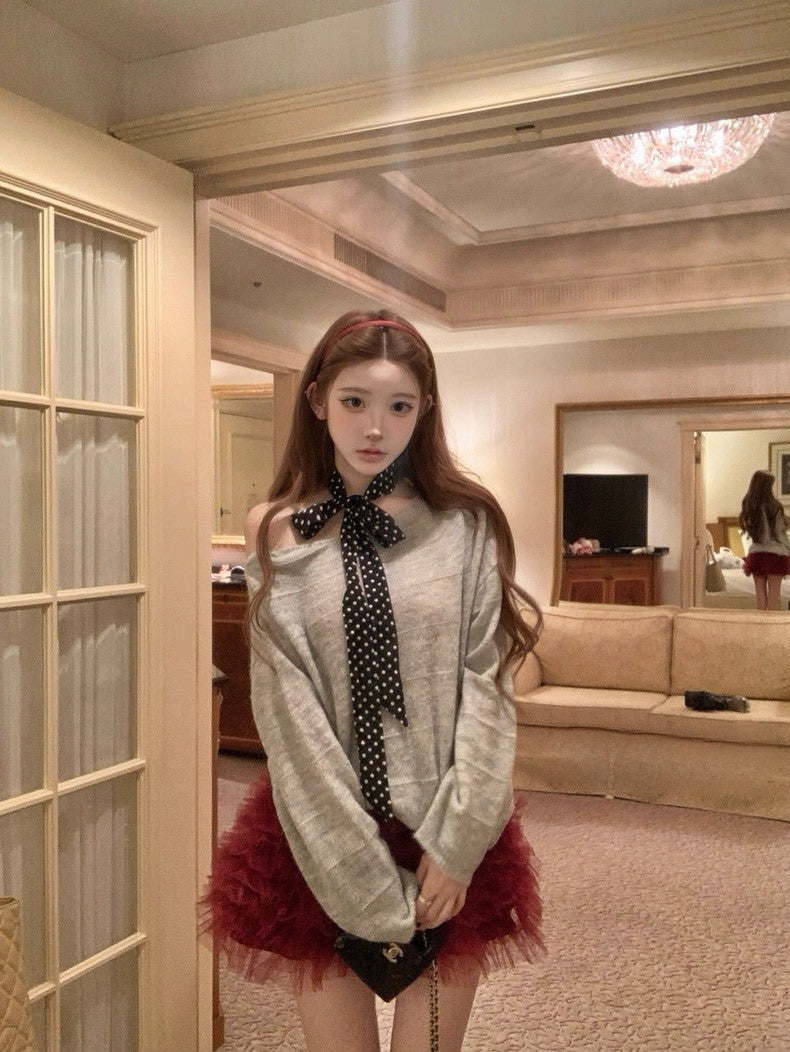 Tue. 糯糯雪餅 柔軟海馬絨暗紋寬鬆毛衣2色/喜氣網紗蛋糕裙