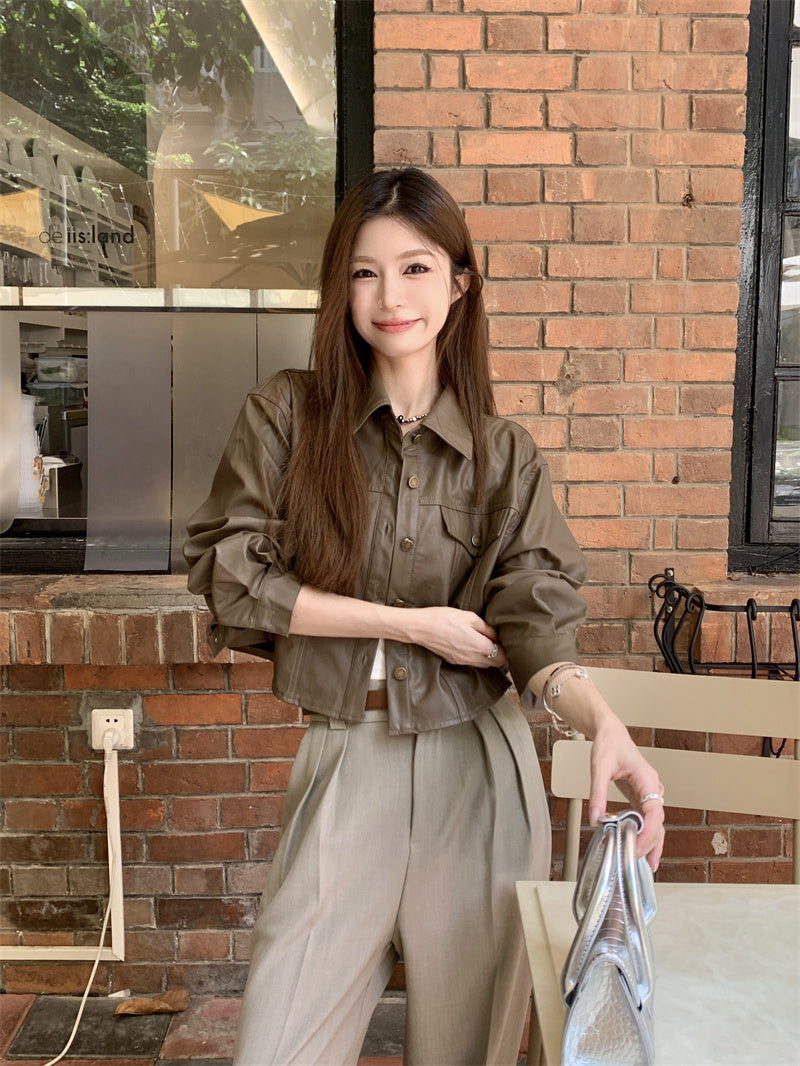 Mon. 今年必入短版皮襯衫外套 黑/咖