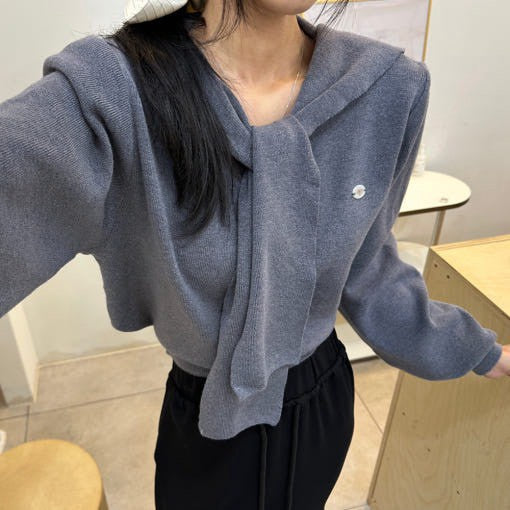 Mon. 減齡海軍領飄帶短款長袖上衣 米/藍/灰/黑