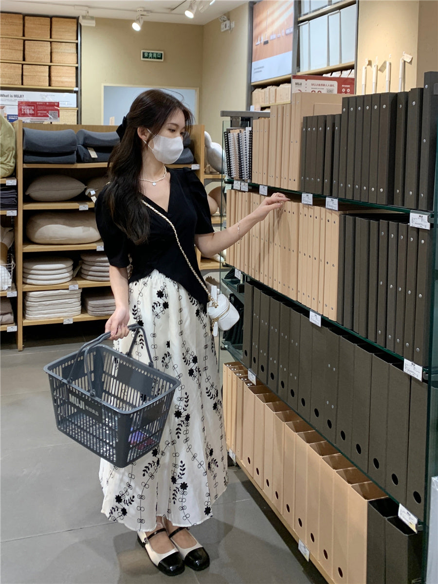 Fri. 微澎袖不規則下擺 v領針織上衣 黑