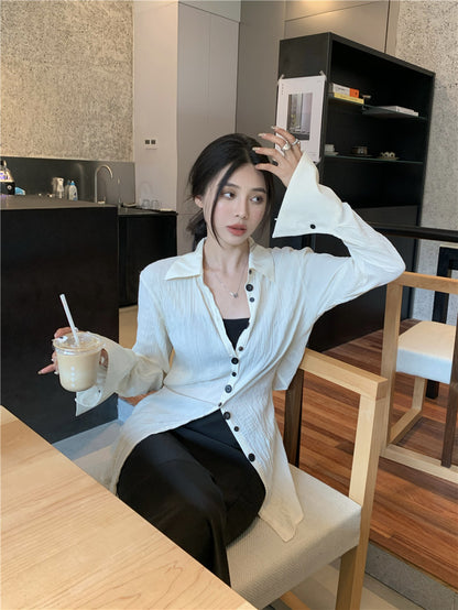 Wed. 肌理紋收腰寬領襯衫 杏色