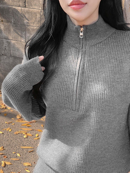 Fri. 慵懶立領針織短褲套裝 灰/米