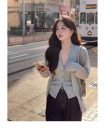 Thu. 自由領落仿天絲亞麻針織上衣2件套 鹽藍